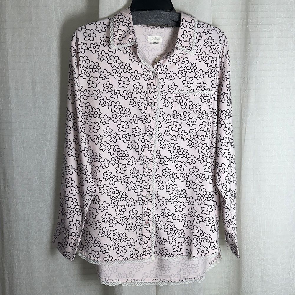 aerie Blush Pink Black Petal Flannel Long Sleeve Button Front PJ Sleep Shirt